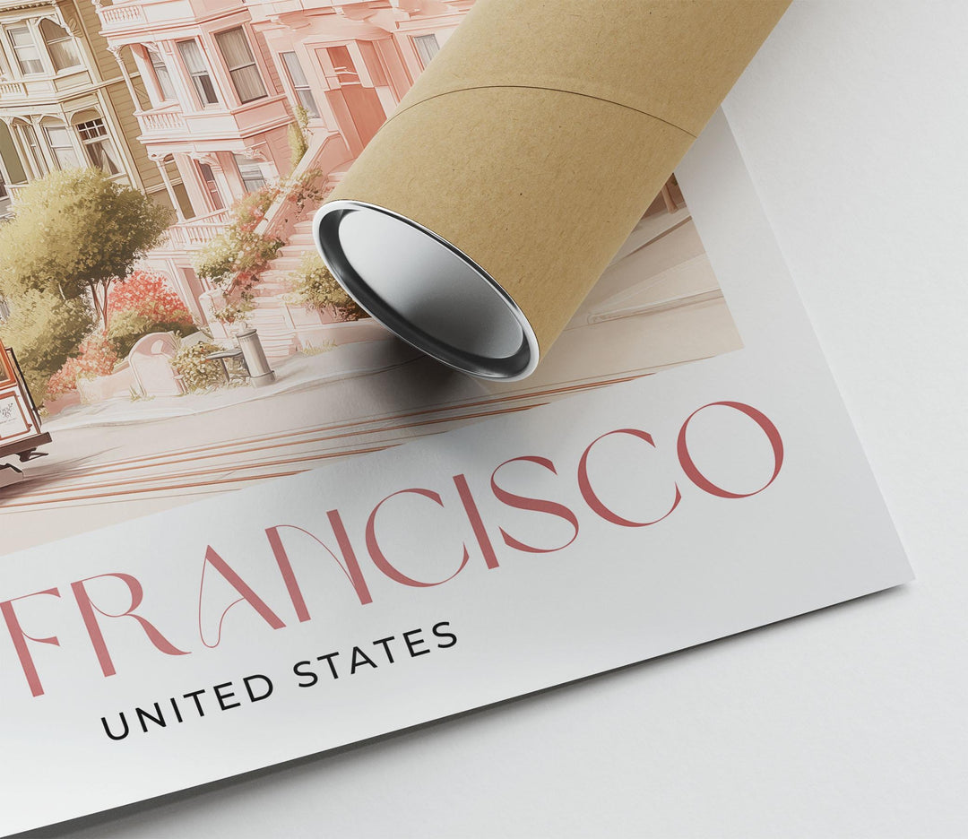 San Francisco Travel Art Print, United States California Watercolour Wall Art, Pastel Alcatraz Island Poster, Pink Cityscape Home Decor