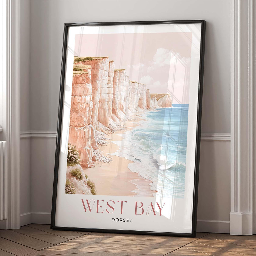 West Bay Travel Art Print, Dorset Jurassic Coast Watercolour Wall Art, Pastel Romantic Seaside Poster, Beach Cliffs England Home Decor