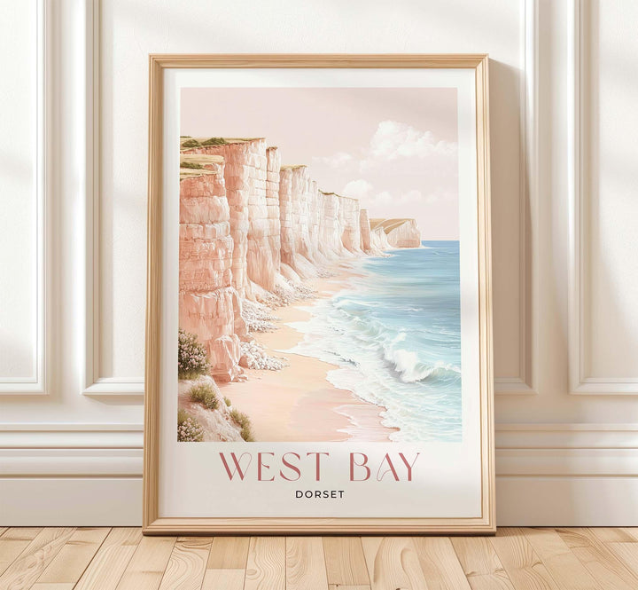 West Bay Travel Art Print, Dorset Jurassic Coast Watercolour Wall Art, Pastel Romantic Seaside Poster, Beach Cliffs England Home Decor