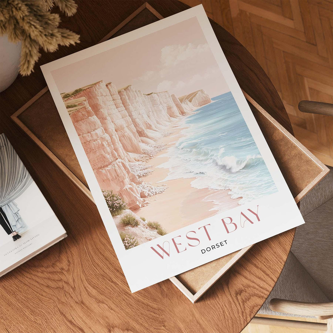 West Bay Travel Art Print, Dorset Jurassic Coast Watercolour Wall Art, Pastel Romantic Seaside Poster, Beach Cliffs England Home Decor
