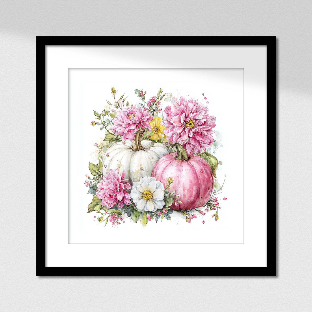 Pink Pumpkin Patch Print, Harvest Watercolour Wall Art, Rustic Autumn Floral Poster, Romantic Flowers Thanksgiving Vegetable Home Decor