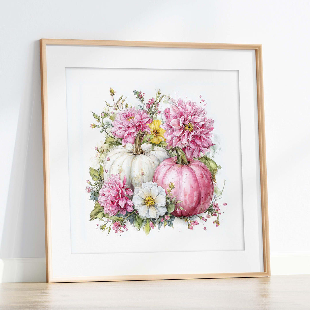 Pink Pumpkin Patch Print, Harvest Watercolour Wall Art, Rustic Autumn Floral Poster, Romantic Flowers Thanksgiving Vegetable Home Decor