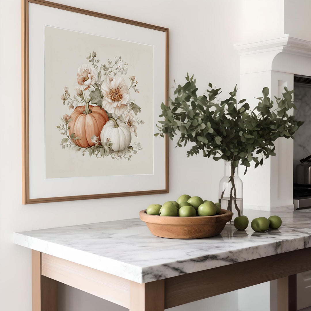 Pretty Pumpkin Patch Print, Floral Pumpkin Flowers Wall Art, Rustic Harvest Vegetable Poster, Cosy Autumn Halloween Squash Home Decor