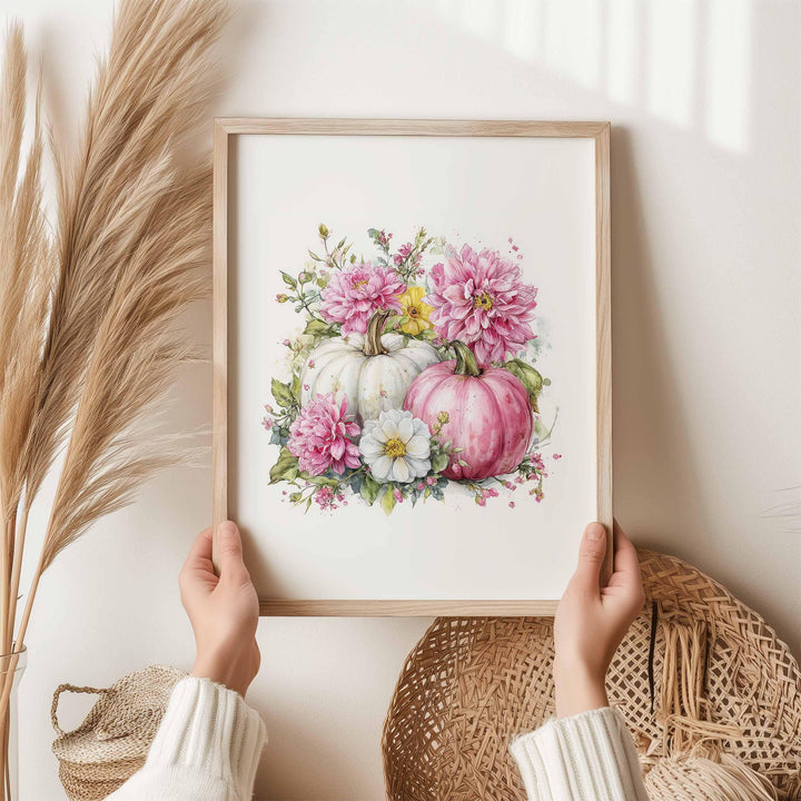 Pink Pumpkin Patch Print, Harvest Watercolour Wall Art, Rustic Autumn Floral Poster, Romantic Flowers Thanksgiving Vegetable Home Decor