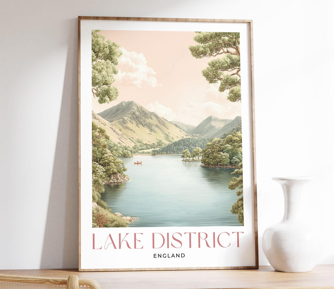 Lake District Travel Art Print, Cumbria Lake Windermere Watercolour Wall Art, Pastel National Park Poster, Neutral Fell Mountains Home Decor