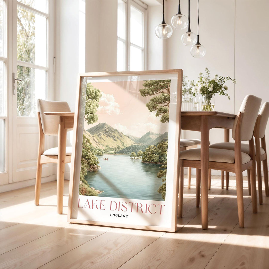 Lake District Travel Art Print, Cumbria Lake Windermere Watercolour Wall Art, Pastel National Park Poster, Neutral Fell Mountains Home Decor