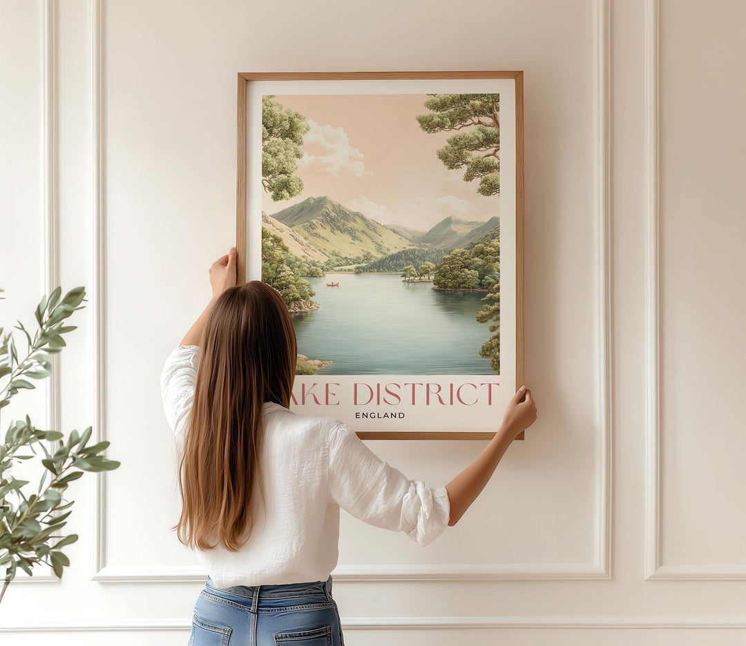 Lake District Travel Art Print, Cumbria Lake Windermere Watercolour Wall Art, Pastel National Park Poster, Neutral Fell Mountains Home Decor