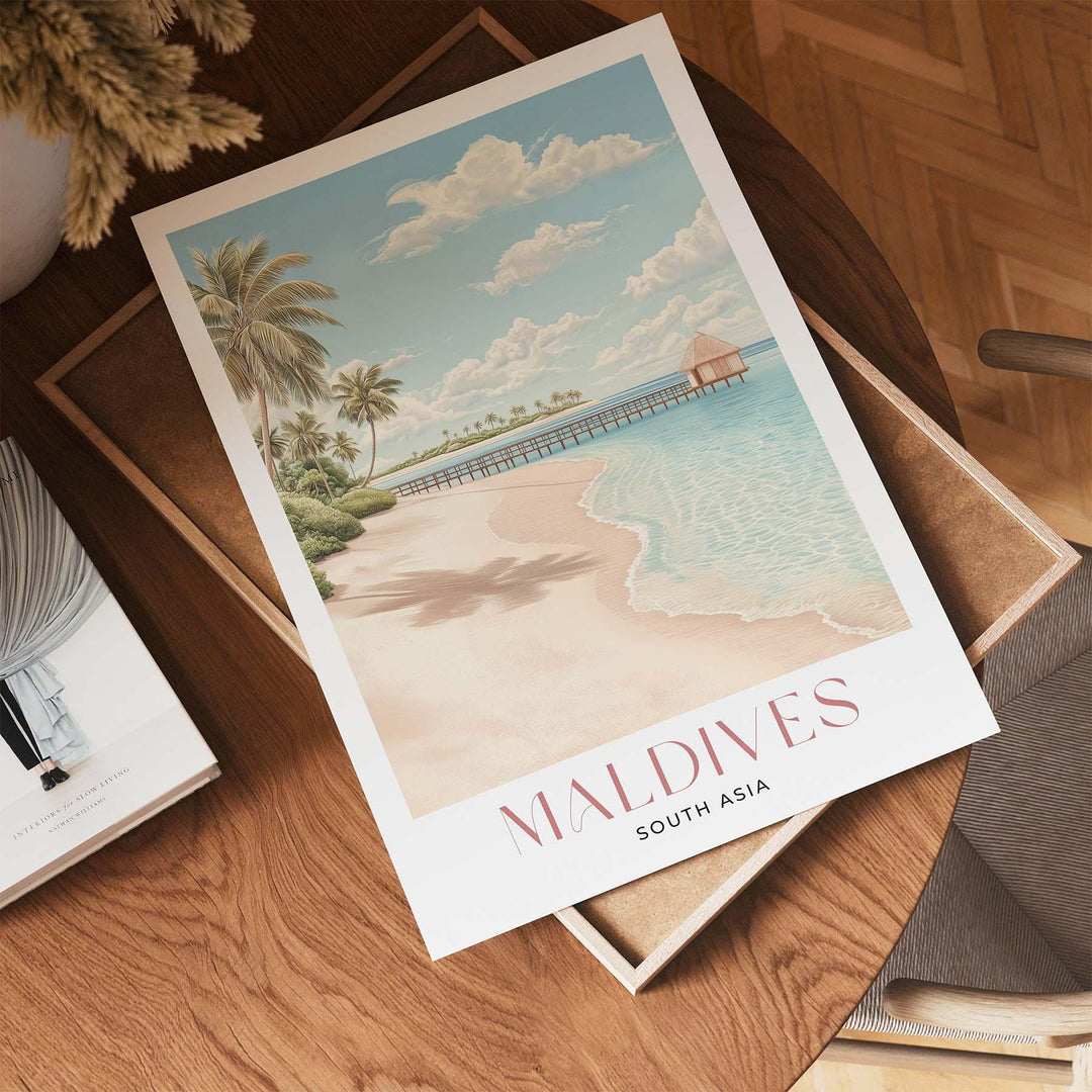 Maldives Travel Art Print, South Asia Islands Watercolour Wall Art, Arabian Sea Beach Poster, Pink Tropical Holiday Destination Home Decor