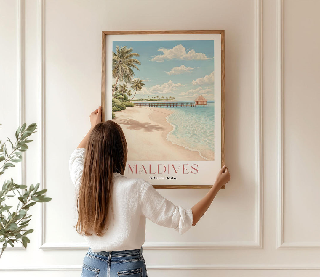Maldives Travel Art Print, South Asia Islands Watercolour Wall Art, Arabian Sea Beach Poster, Pink Tropical Holiday Destination Home Decor