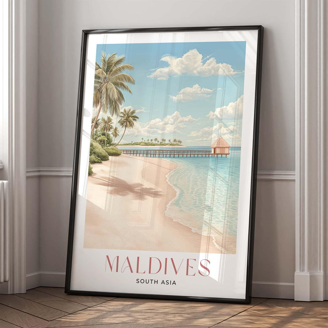 Maldives Travel Art Print, South Asia Islands Watercolour Wall Art, Arabian Sea Beach Poster, Pink Tropical Holiday Destination Home Decor