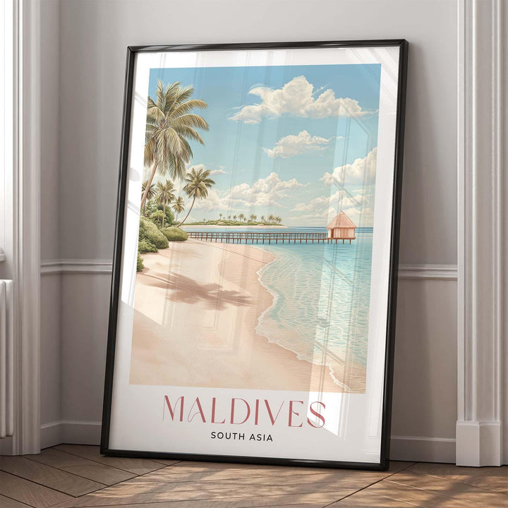Maldives Travel Art Print, South Asia Islands Watercolour Wall Art, Arabian Sea Beach Poster, Pink Tropical Holiday Destination Home Decor