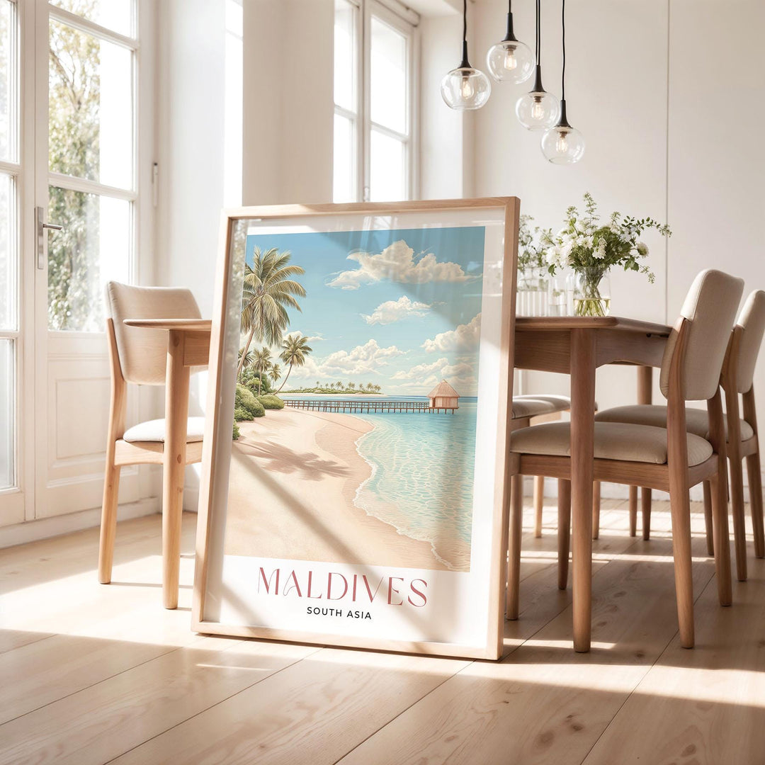 Maldives Travel Art Print, South Asia Islands Watercolour Wall Art, Arabian Sea Beach Poster, Pink Tropical Holiday Destination Home Decor