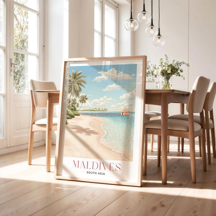 Maldives Travel Art Print, South Asia Islands Watercolour Wall Art, Arabian Sea Beach Poster, Pink Tropical Holiday Destination Home Decor