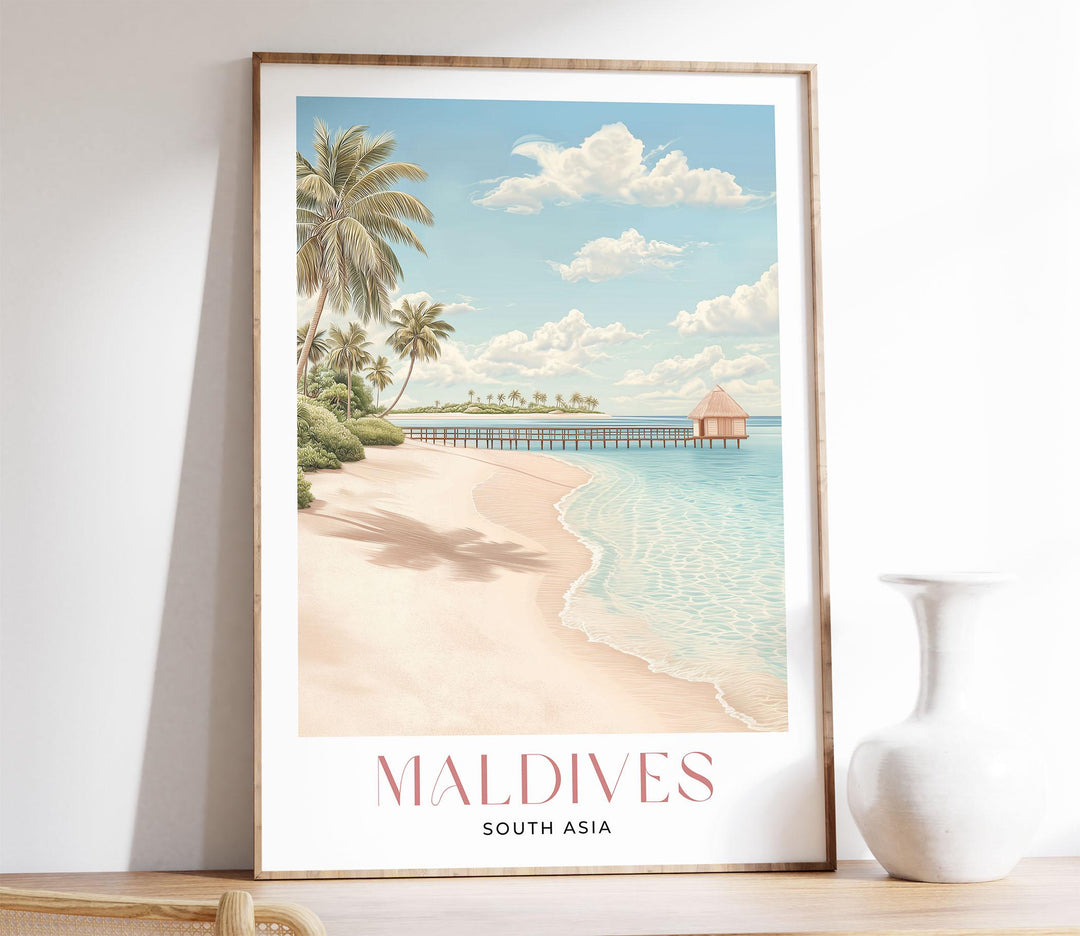 Maldives Travel Art Print, South Asia Islands Watercolour Wall Art, Arabian Sea Beach Poster, Pink Tropical Holiday Destination Home Decor