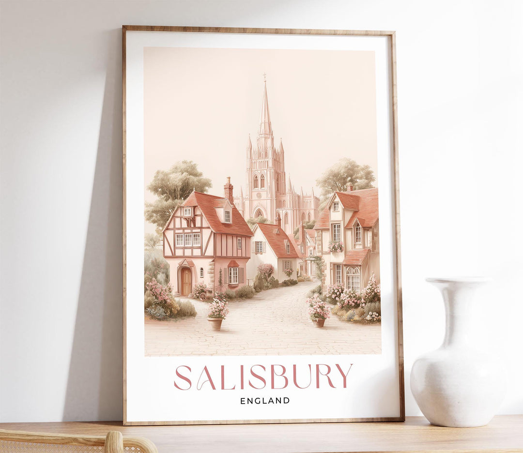 Salisbury Travel Art Print, Wiltshire England Watercolour Wall Art, Pink Romantic Cathedral Poster, Neutral Cityscape Home Decor
