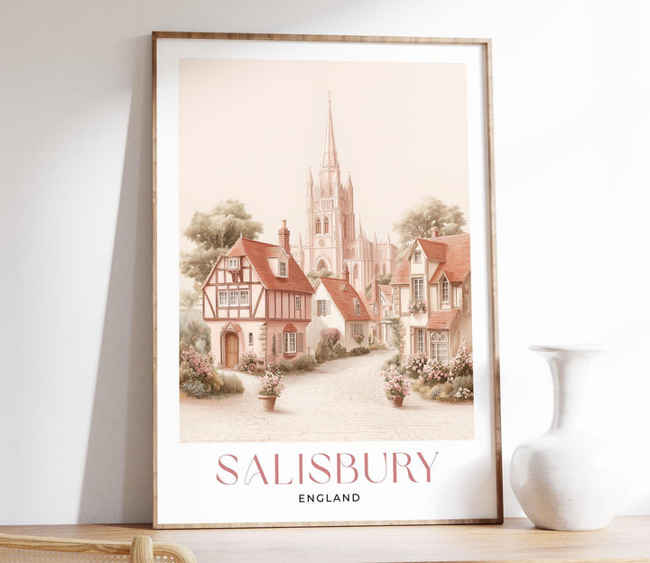 Salisbury Travel Art Print, Wiltshire England Watercolour Wall Art, Pink Romantic Cathedral Poster, Neutral Cityscape Home Decor