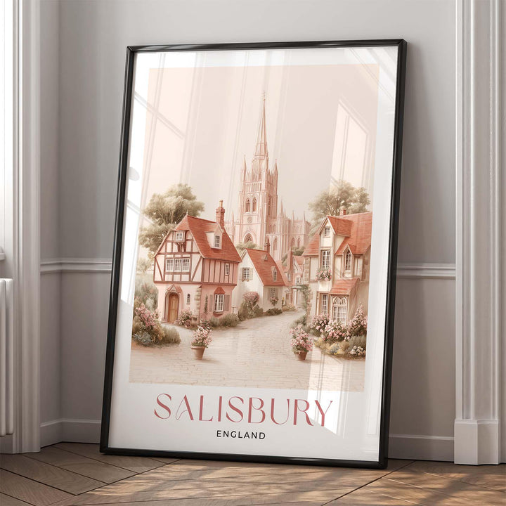 Salisbury Travel Art Print, Wiltshire England Watercolour Wall Art, Pink Romantic Cathedral Poster, Neutral Cityscape Home Decor