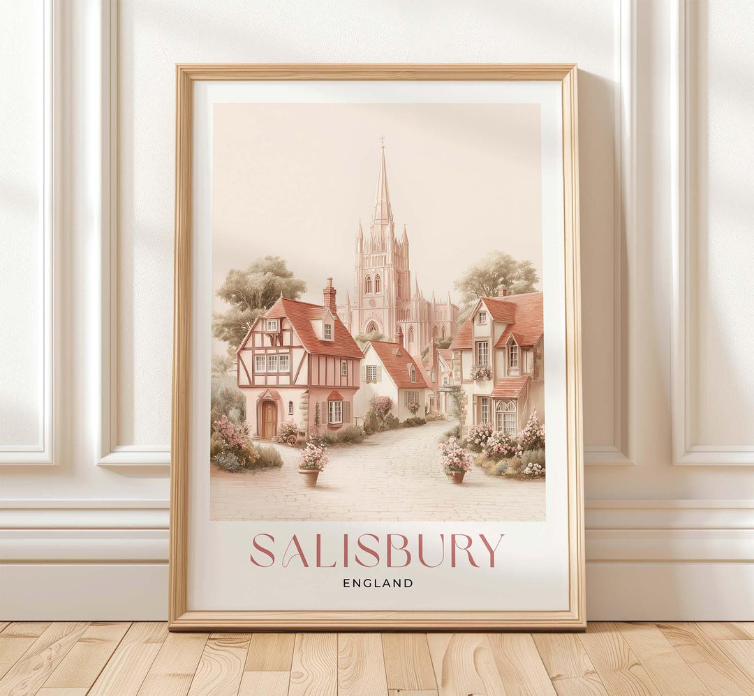 Salisbury Travel Art Print, Wiltshire England Watercolour Wall Art, Pink Romantic Cathedral Poster, Neutral Cityscape Home Decor