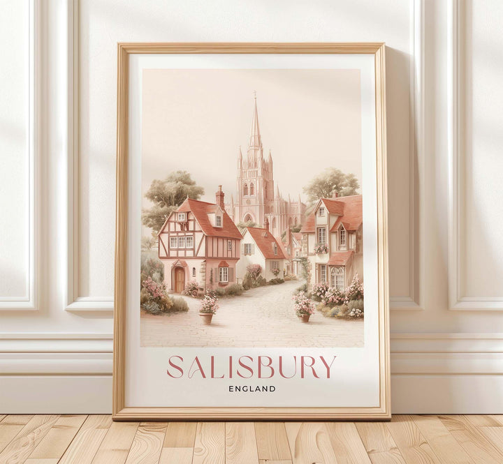 Salisbury Travel Art Print, Wiltshire England Watercolour Wall Art, Pink Romantic Cathedral Poster, Neutral Cityscape Home Decor