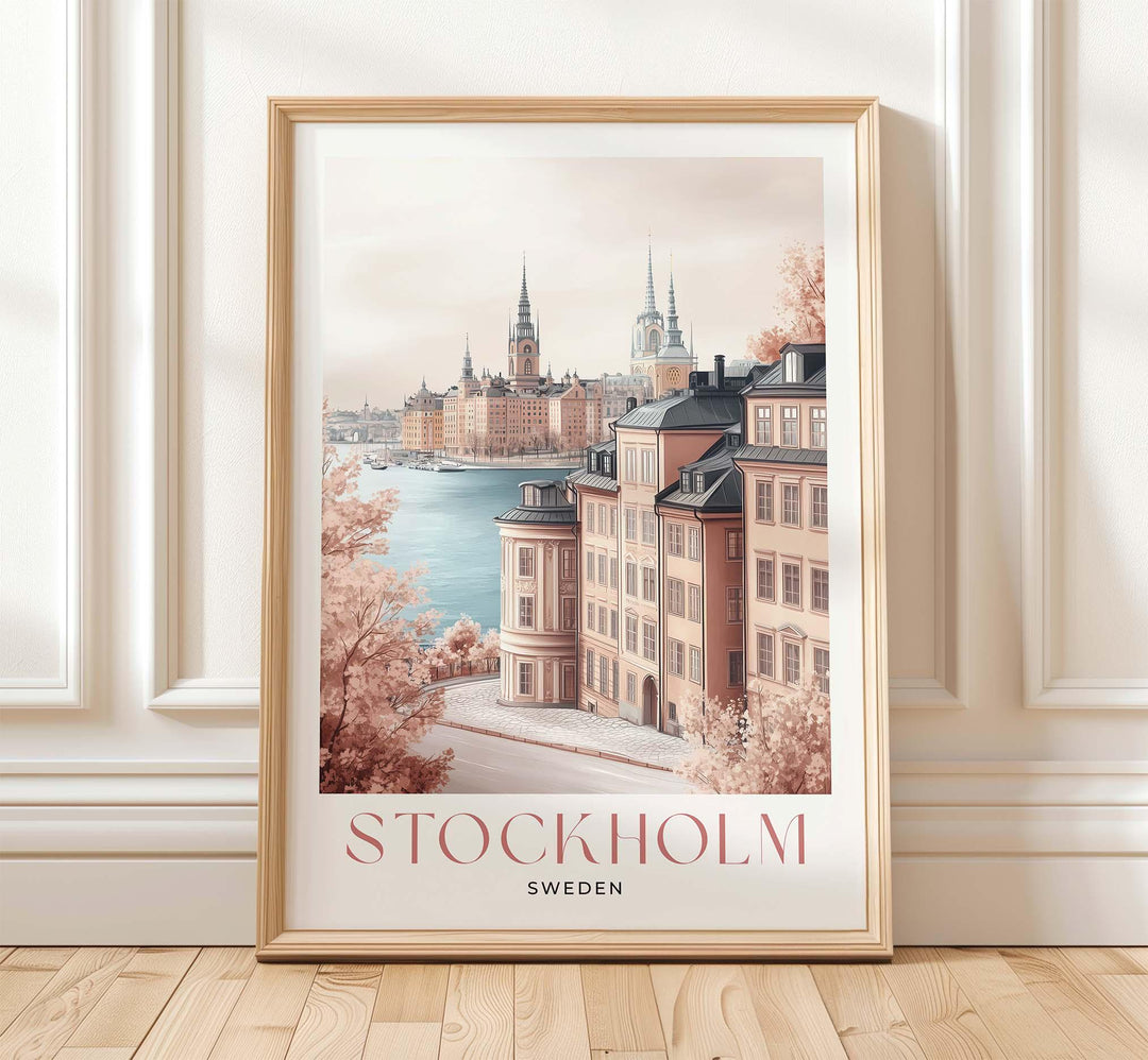 Stockholm Skyline Travel Print, Scandinavian Gamla Stan City Poster, Pastel Beige & Pink Watercolour Wall Art, Neutral Sweden Home Decor