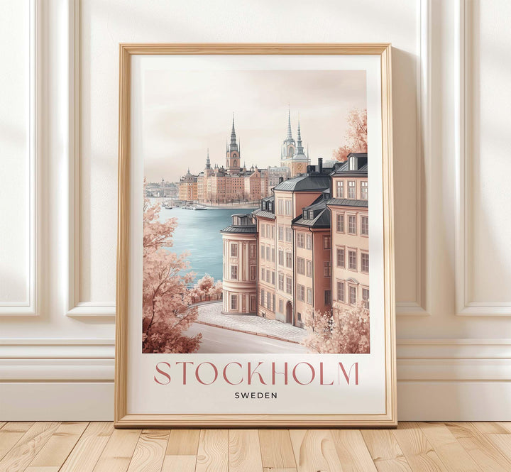 Stockholm Skyline Travel Print, Scandinavian Gamla Stan City Poster, Pastel Beige & Pink Watercolour Wall Art, Neutral Sweden Home Decor