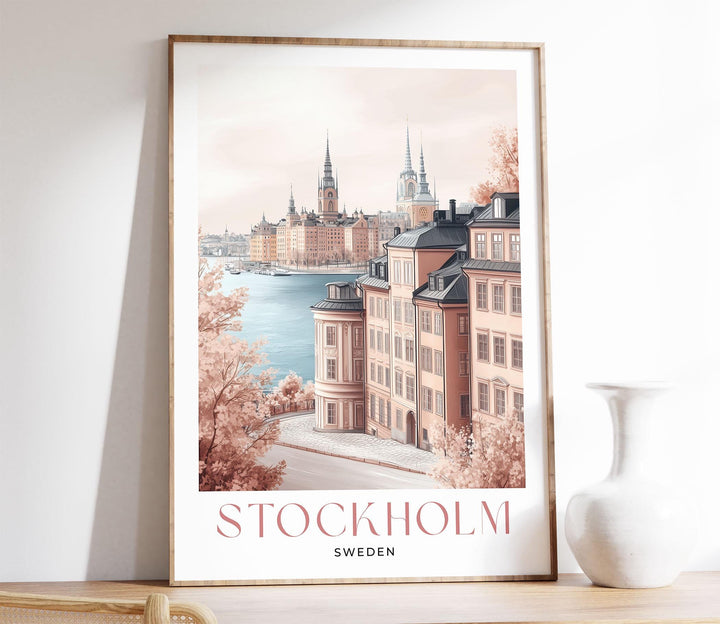 Stockholm Skyline Travel Print, Scandinavian Gamla Stan City Poster, Pastel Beige & Pink Watercolour Wall Art, Neutral Sweden Home Decor
