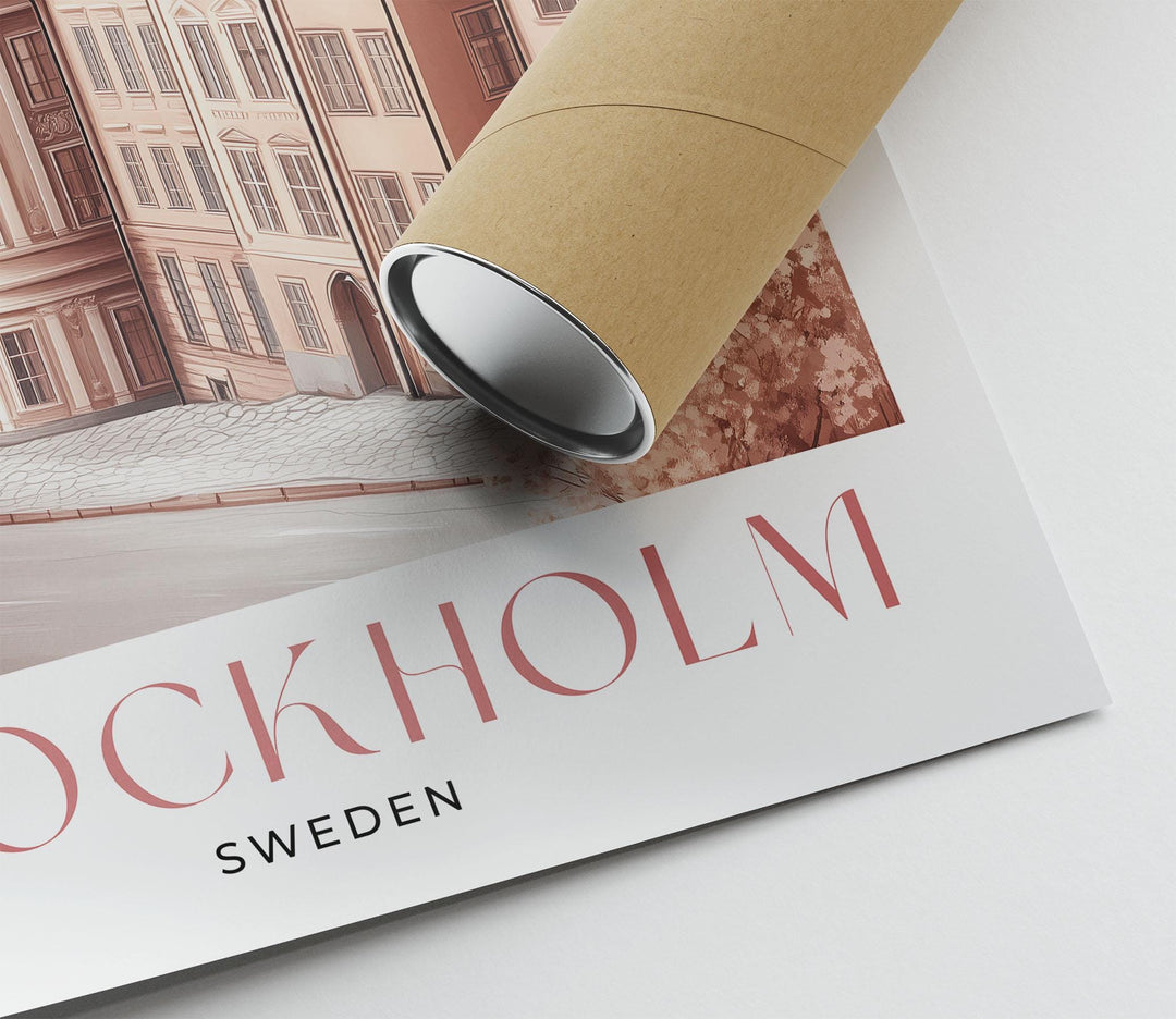 Stockholm Skyline Travel Print, Scandinavian Gamla Stan City Poster, Pastel Beige & Pink Watercolour Wall Art, Neutral Sweden Home Decor