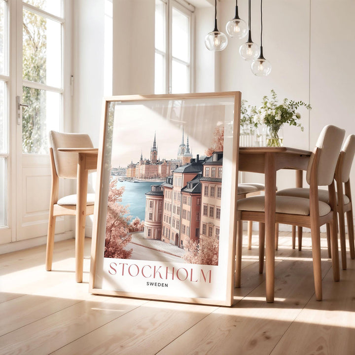 Stockholm Skyline Travel Print, Scandinavian Gamla Stan City Poster, Pastel Beige & Pink Watercolour Wall Art, Neutral Sweden Home Decor