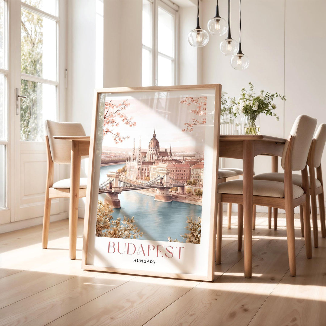 Budapest Travel Art Print, Hungary City Poster, Chain Bridge & Parliament Illustration, European Home Decor, Pastel Beige and Pink Wall Art