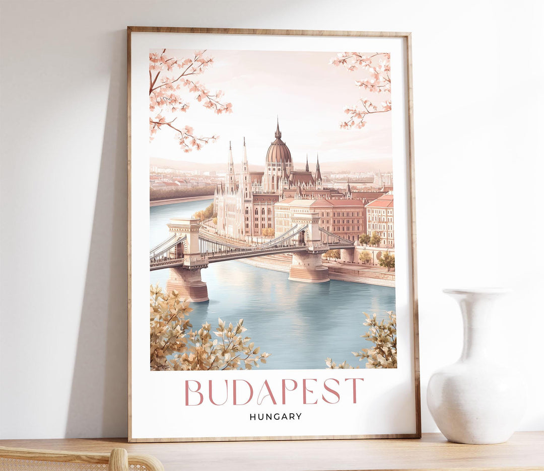 Budapest Travel Art Print, Hungary City Poster, Chain Bridge & Parliament Illustration, European Home Decor, Pastel Beige and Pink Wall Art
