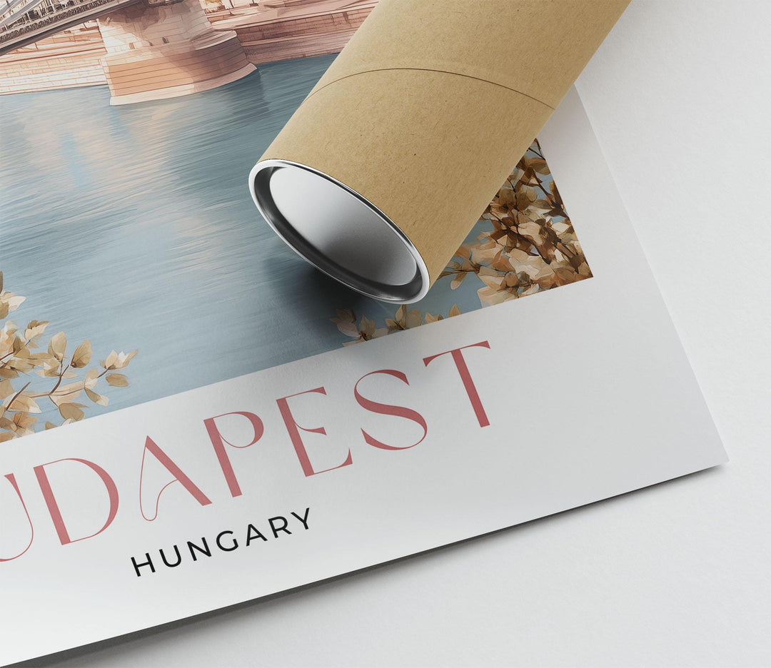 Budapest Travel Art Print, Hungary City Poster, Chain Bridge & Parliament Illustration, European Home Decor, Pastel Beige and Pink Wall Art