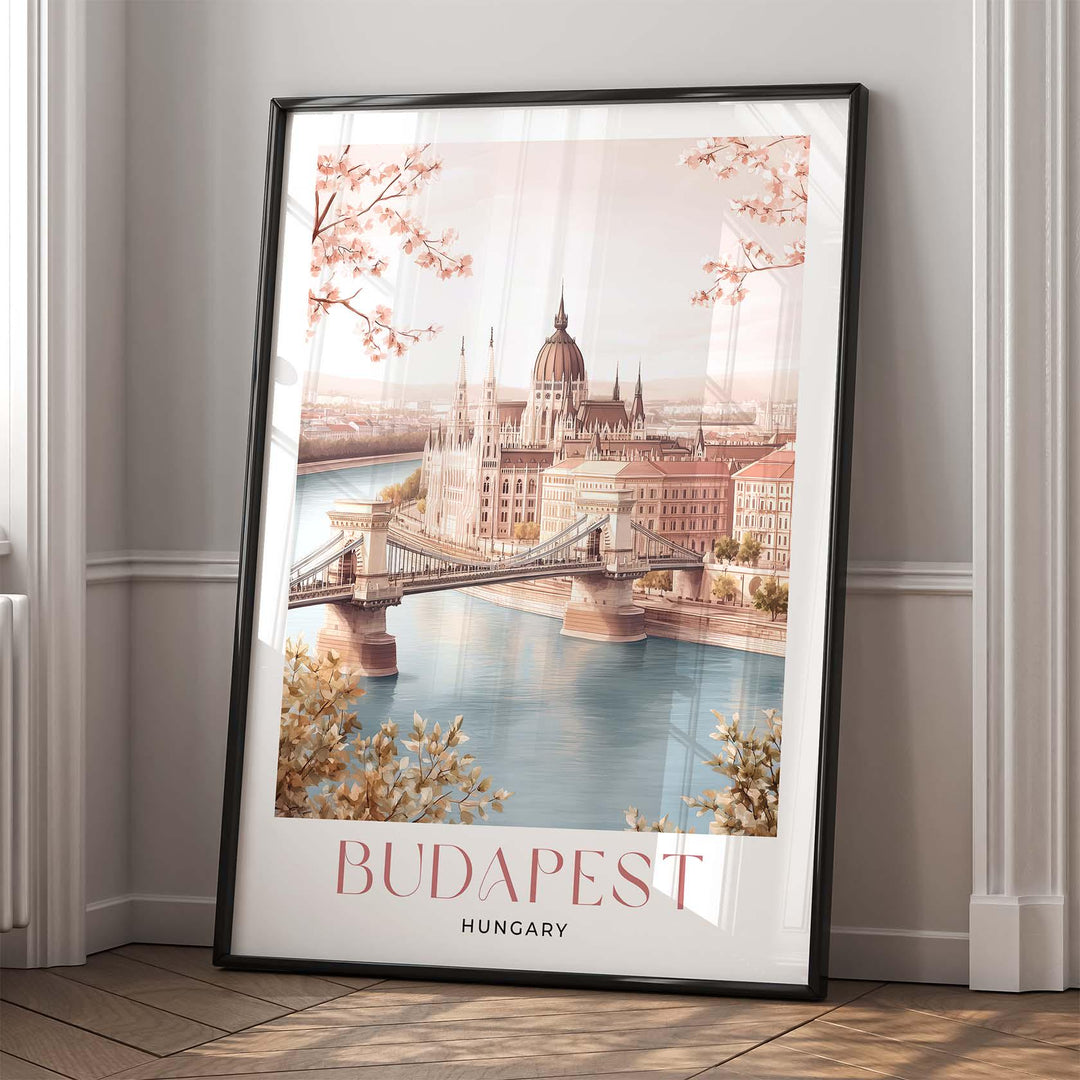 Budapest Travel Art Print, Hungary City Poster, Chain Bridge & Parliament Illustration, European Home Decor, Pastel Beige and Pink Wall Art