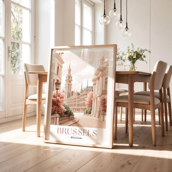 Brussels Travel Print, Pastel Beige & Pink Watercolour Wall Art, Belgium City Poster, Grand Place, Atomium Illustration, European Home Decor