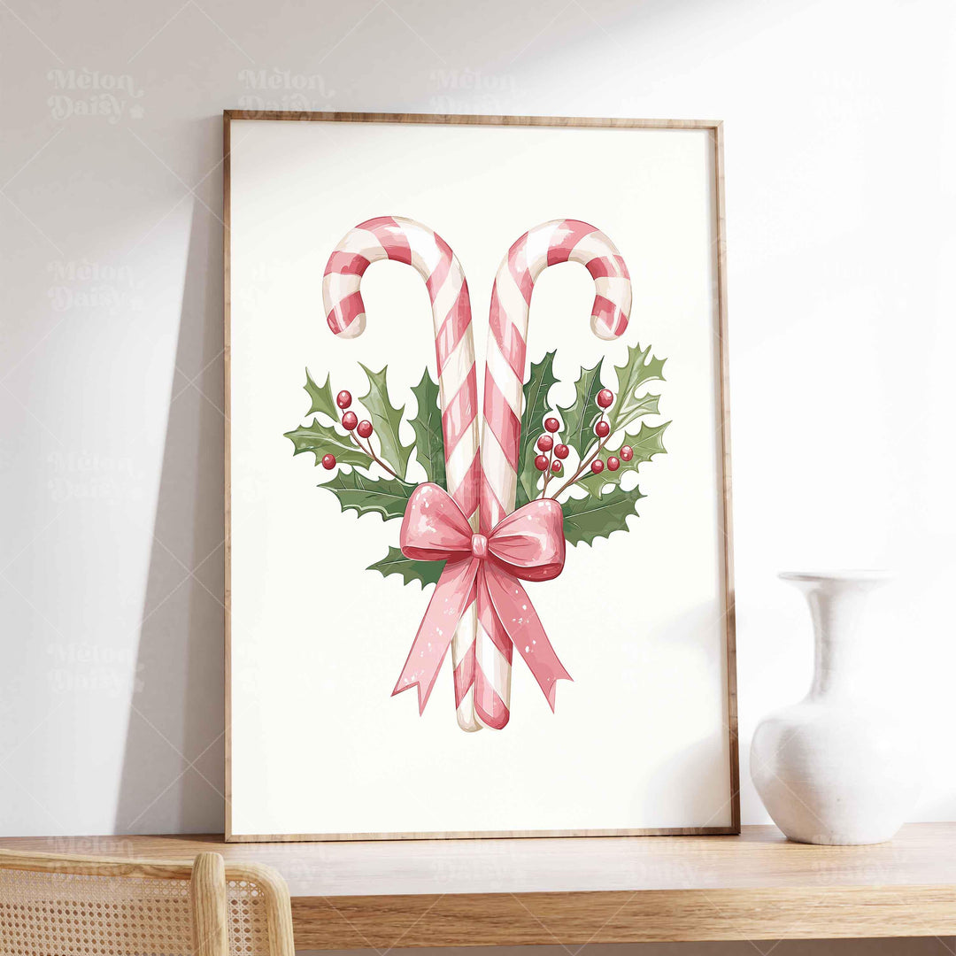 Holiday Candy Canes Christmas Print, Pink Sweets And Holly Poster, Festive Ribbon Gift Home Decor, Kids Thanksgiving Treats Wall Art