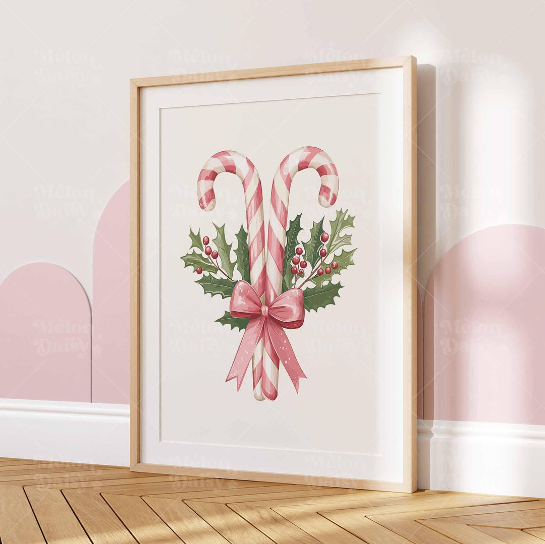 Holiday Candy Canes Christmas Print, Pink Sweets And Holly Poster, Festive Ribbon Gift Home Decor, Kids Thanksgiving Treats Wall Art