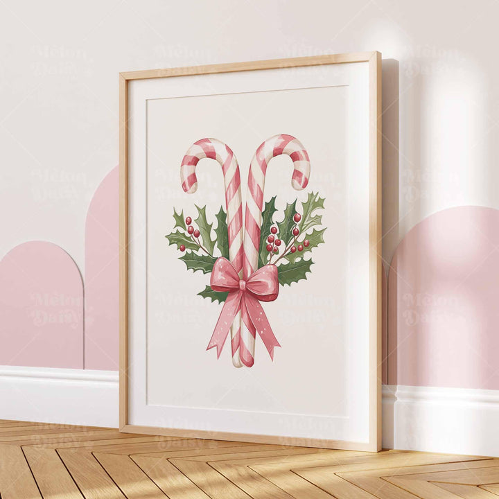 Holiday Candy Canes Christmas Print, Pink Sweets And Holly Poster, Festive Ribbon Gift Home Decor, Kids Thanksgiving Treats Wall Art