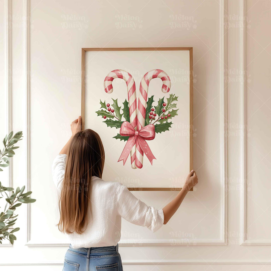Holiday Candy Canes Christmas Print, Pink Sweets And Holly Poster, Festive Ribbon Gift Home Decor, Kids Thanksgiving Treats Wall Art