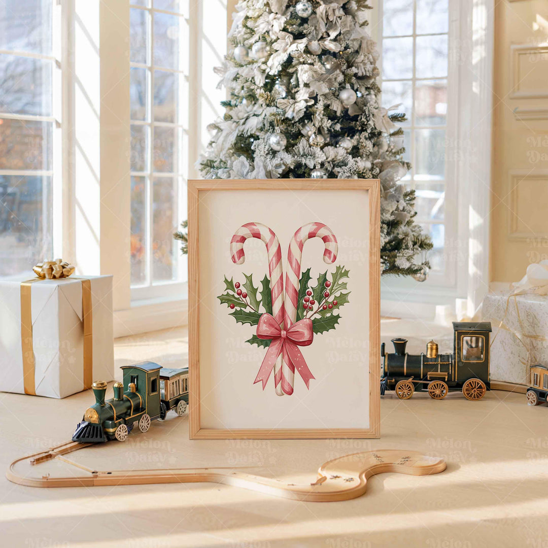 Holiday Candy Canes Christmas Print, Pink Sweets And Holly Poster, Festive Ribbon Gift Home Decor, Kids Thanksgiving Treats Wall Art