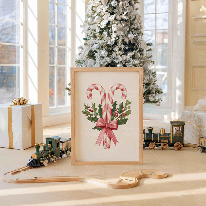 Holiday Candy Canes Christmas Print, Pink Sweets And Holly Poster, Festive Ribbon Gift Home Decor, Kids Thanksgiving Treats Wall Art