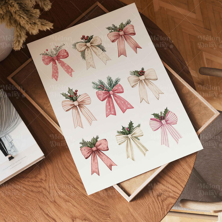 Coquette Holiday Christmas Print, Pink Festive Ribbons Poster, Holly Bows Home Decor, Pretty Watercolour Seasonal Wall Art