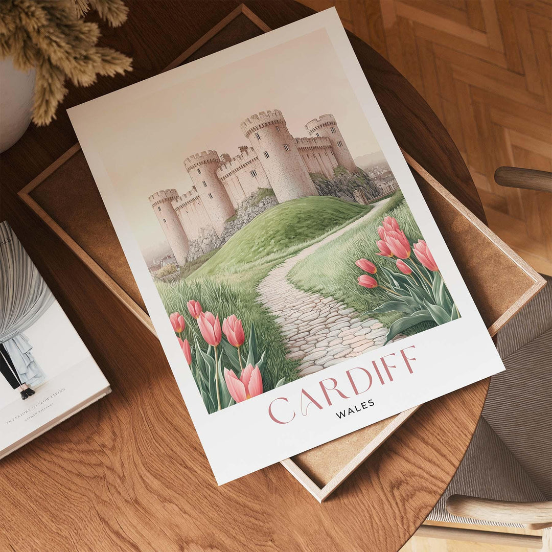 Cardiff Castle Travel Print, Pastel Pink & Beige Watercolour Wall Art, Wales City Poster, Welsh Landscape Home Decor Wall Hanging