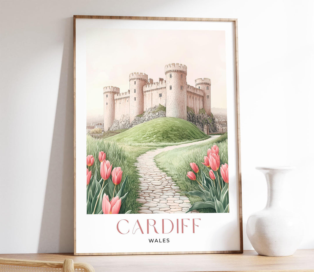 Cardiff Castle Travel Print, Pastel Pink & Beige Watercolour Wall Art, Wales City Poster, Welsh Landscape Home Decor Wall Hanging