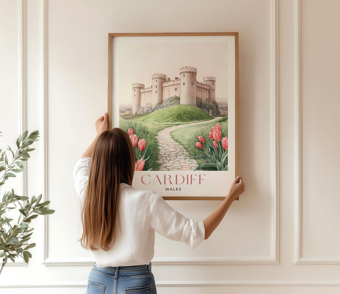 Cardiff Castle Travel Print, Pastel Pink & Beige Watercolour Wall Art, Wales City Poster, Welsh Landscape Home Decor Wall Hanging