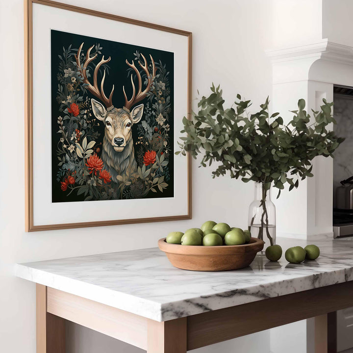 Majestic Festive Stag Print, Dark Floral Nature Wall Art, William Morris Inspired Christmas Decor, Elegant Holiday Animal Poster