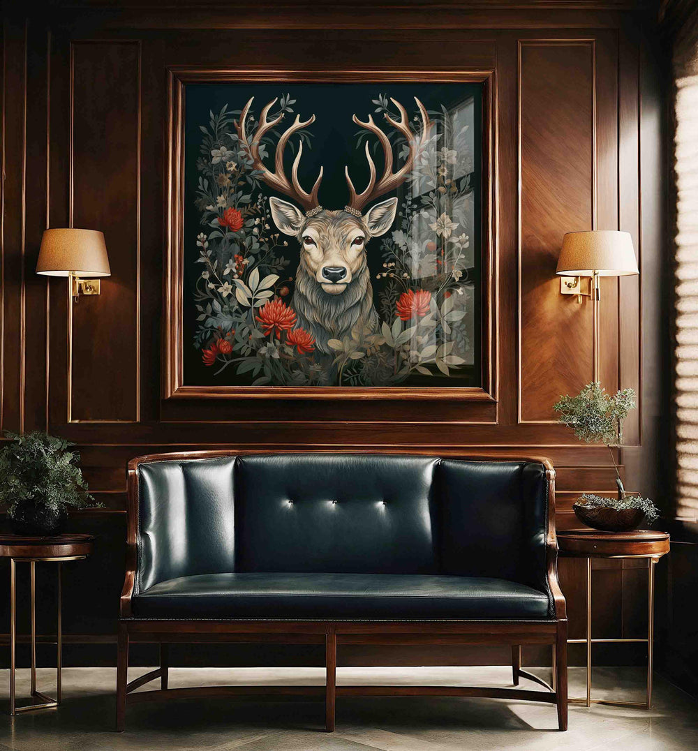 Majestic Festive Stag Print, Dark Floral Nature Wall Art, William Morris Inspired Christmas Decor, Elegant Holiday Animal Poster