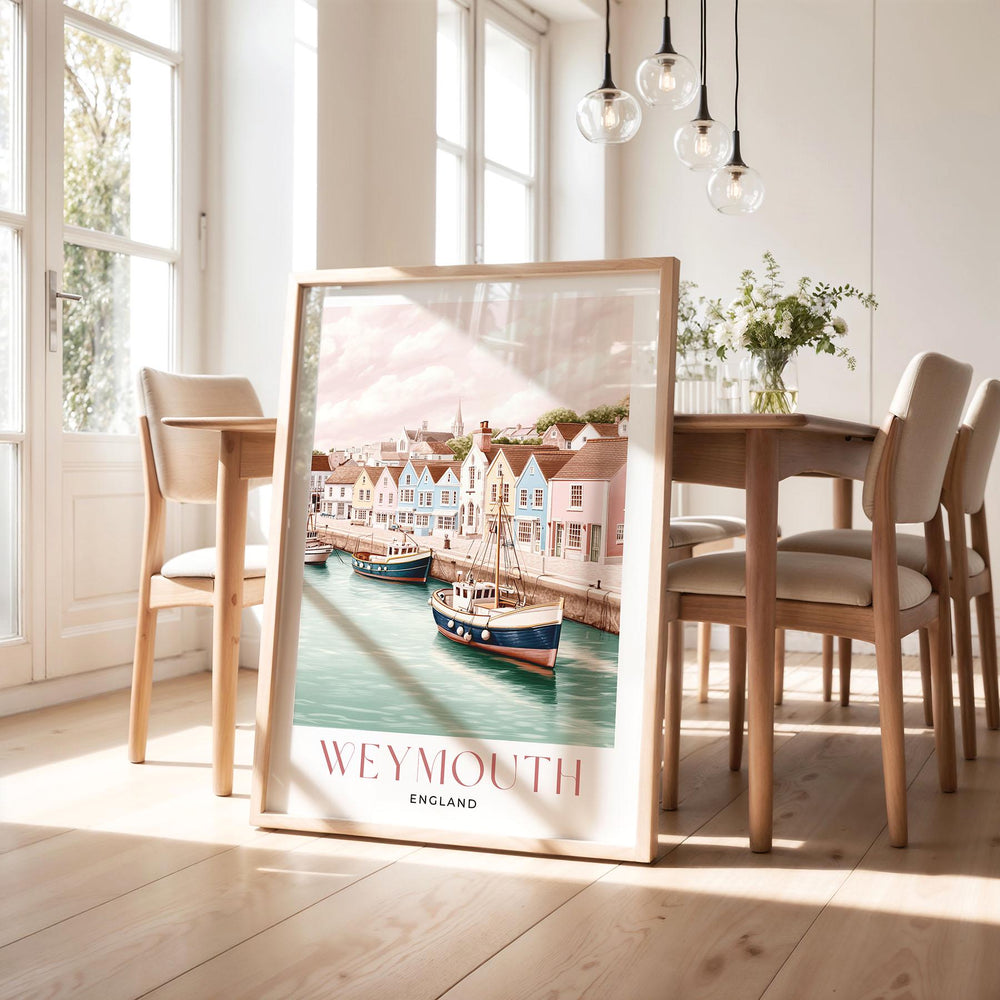 Weymouth Travel Art Print, Dorset Jurassic Coast Watercolour Wall Art, Pastel Seaside Coastal Poster, Harbour & Fishing Boat Home Decor Gift