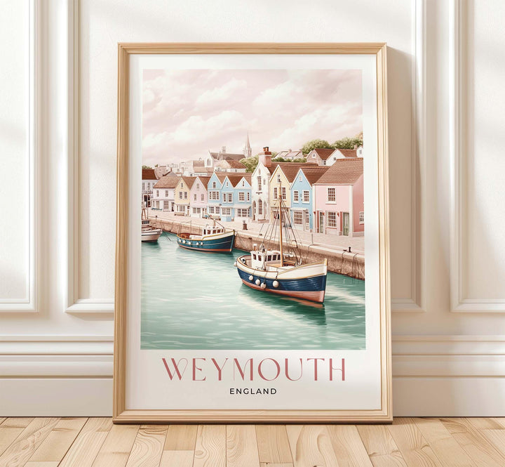 Weymouth Travel Art Print, Dorset Jurassic Coast Watercolour Wall Art, Pastel Seaside Coastal Poster, Harbour & Fishing Boat Home Decor Gift