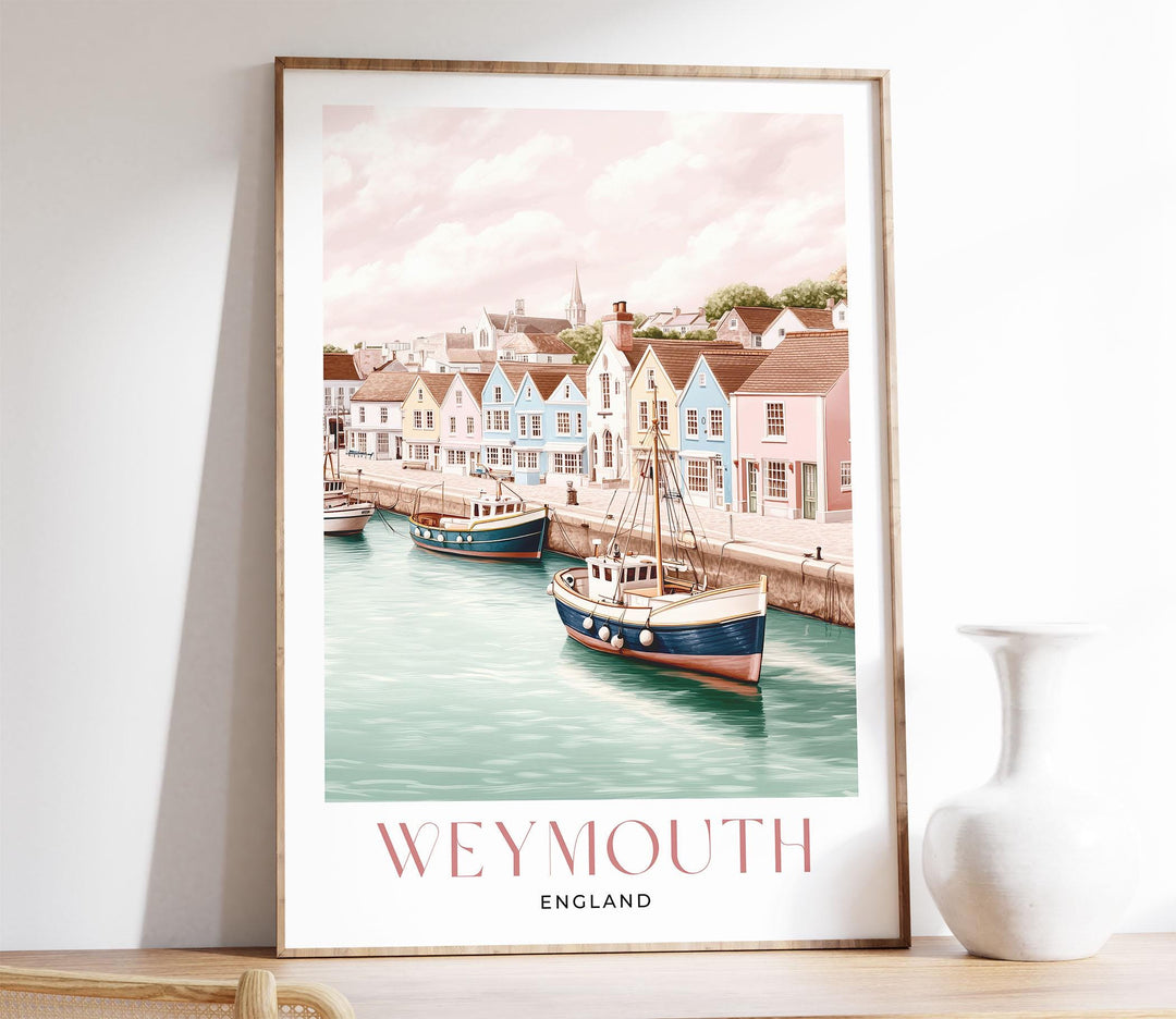 Weymouth Travel Art Print, Dorset Jurassic Coast Watercolour Wall Art, Pastel Seaside Coastal Poster, Harbour & Fishing Boat Home Decor Gift