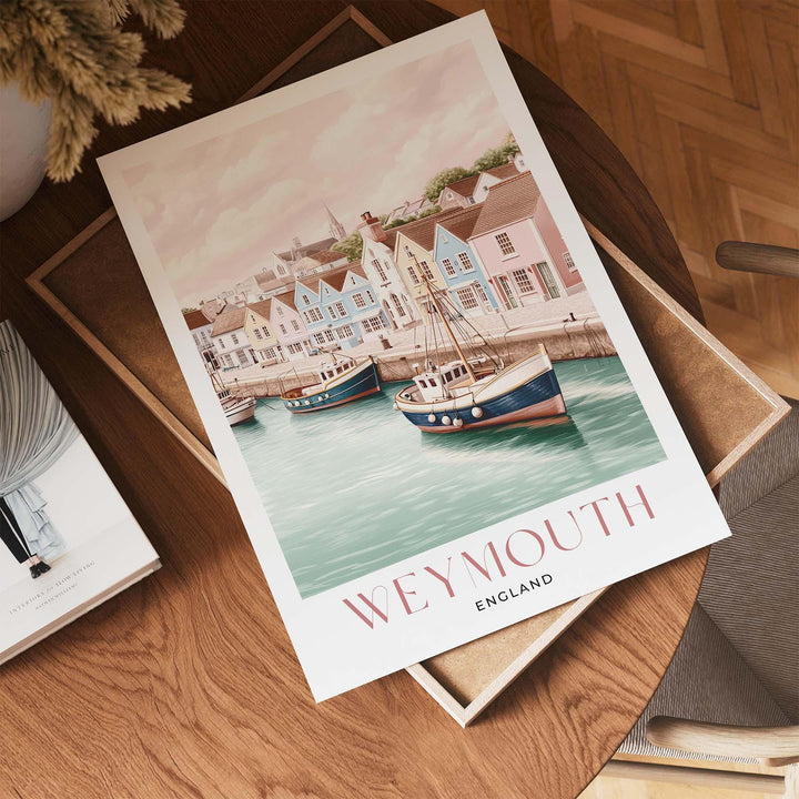 Weymouth Travel Art Print, Dorset Jurassic Coast Watercolour Wall Art, Pastel Seaside Coastal Poster, Harbour & Fishing Boat Home Decor Gift