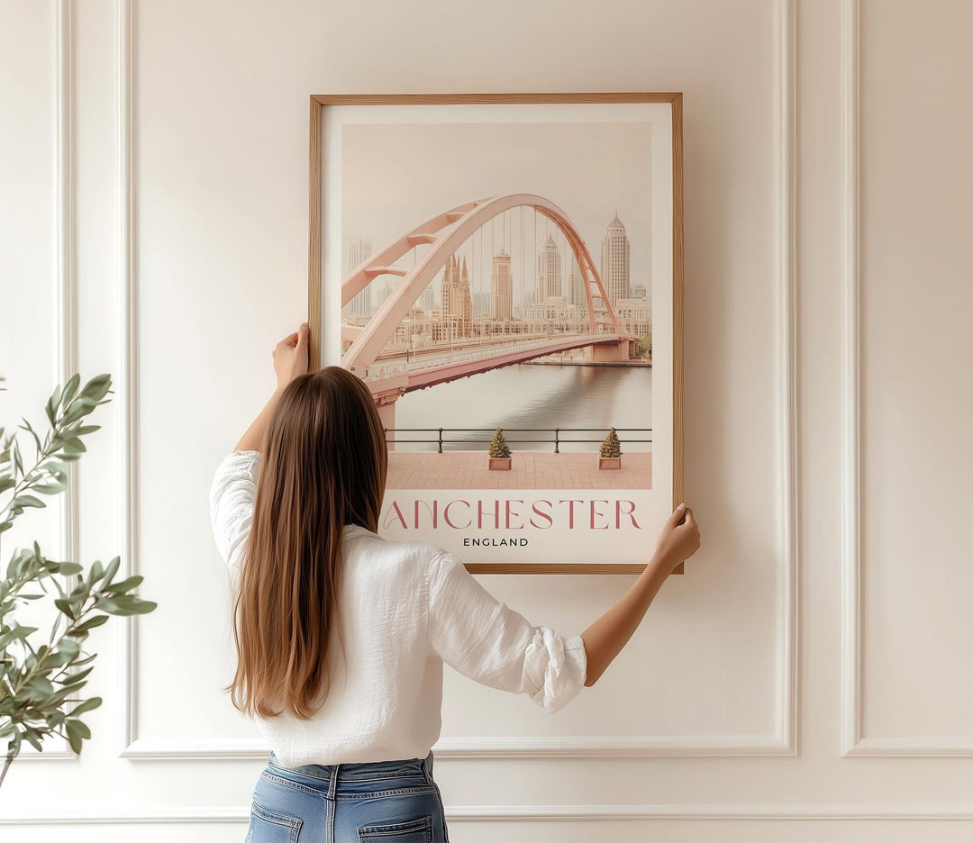 Manchester Travel Art Print, Millennium Bridge Watercolour Wall Art, Pink Salford Quays Poster, Pastel Romantic River Irwell Home Decor